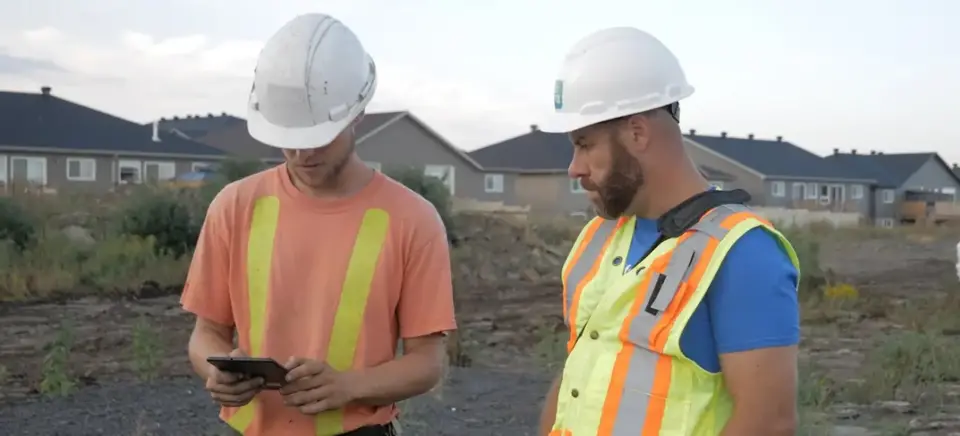 Construction workers on a residential site, looking at something on a tablet