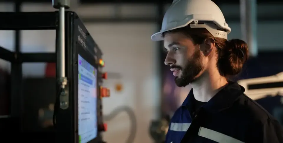engineer in hard hat looking at a screen