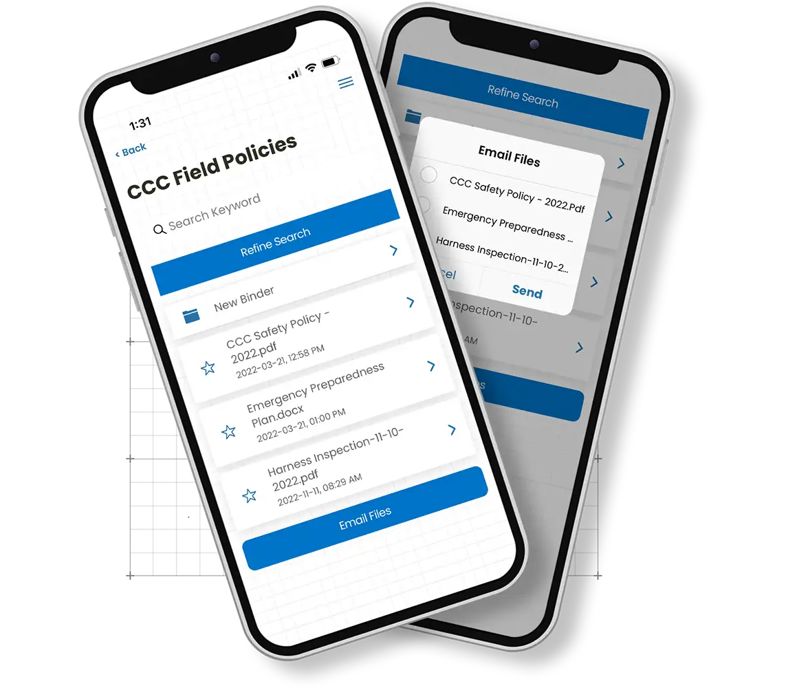 Search for, update, or create a new digital binder in the Corfix document management mobile app