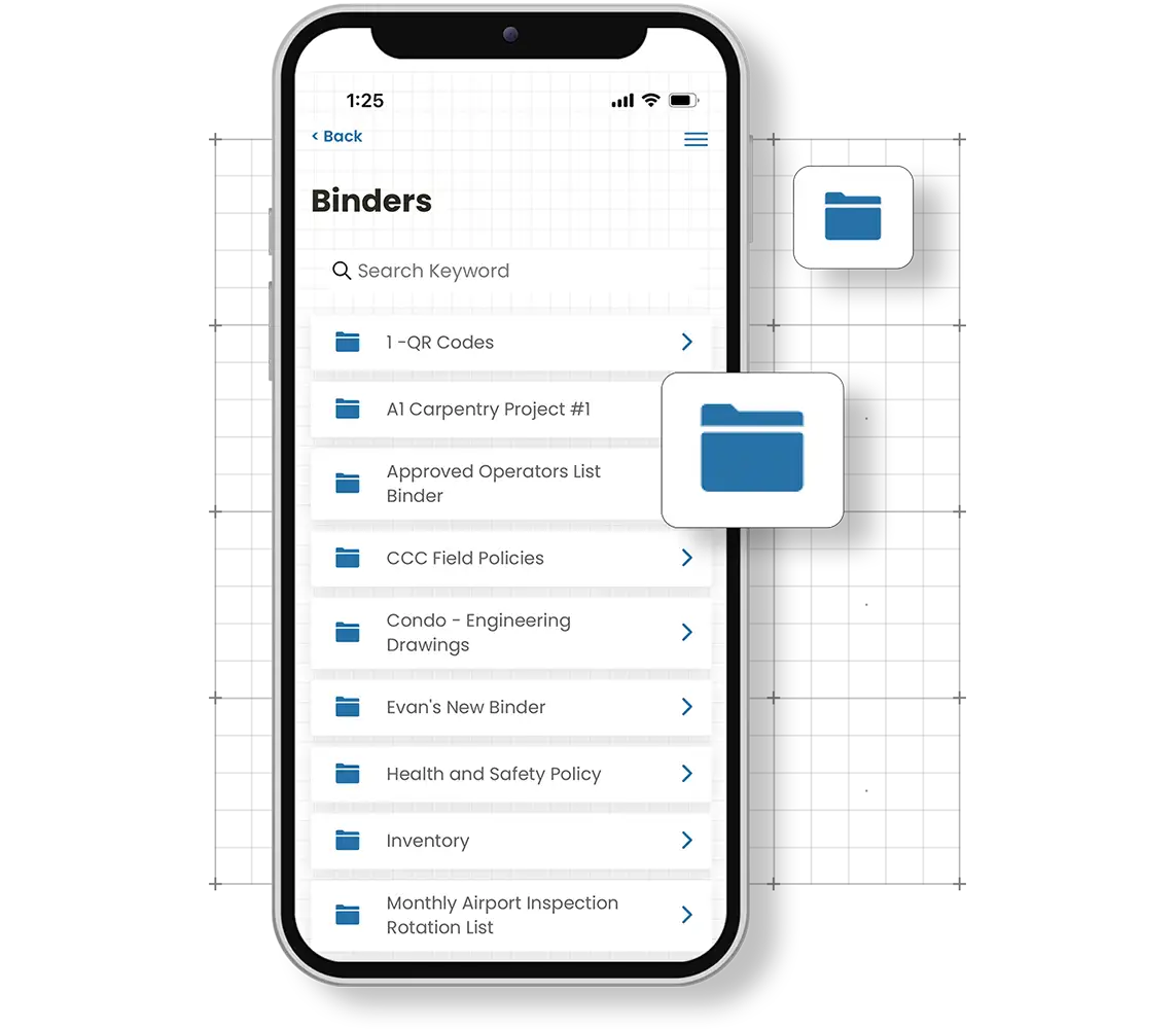 Digital construction binder screen in the Corfix construction management mobile app and software