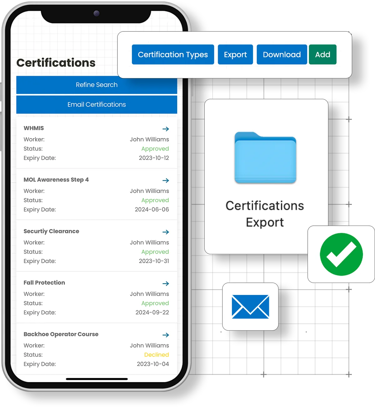 Mobile construction app displaying Corfix managed safety certifications