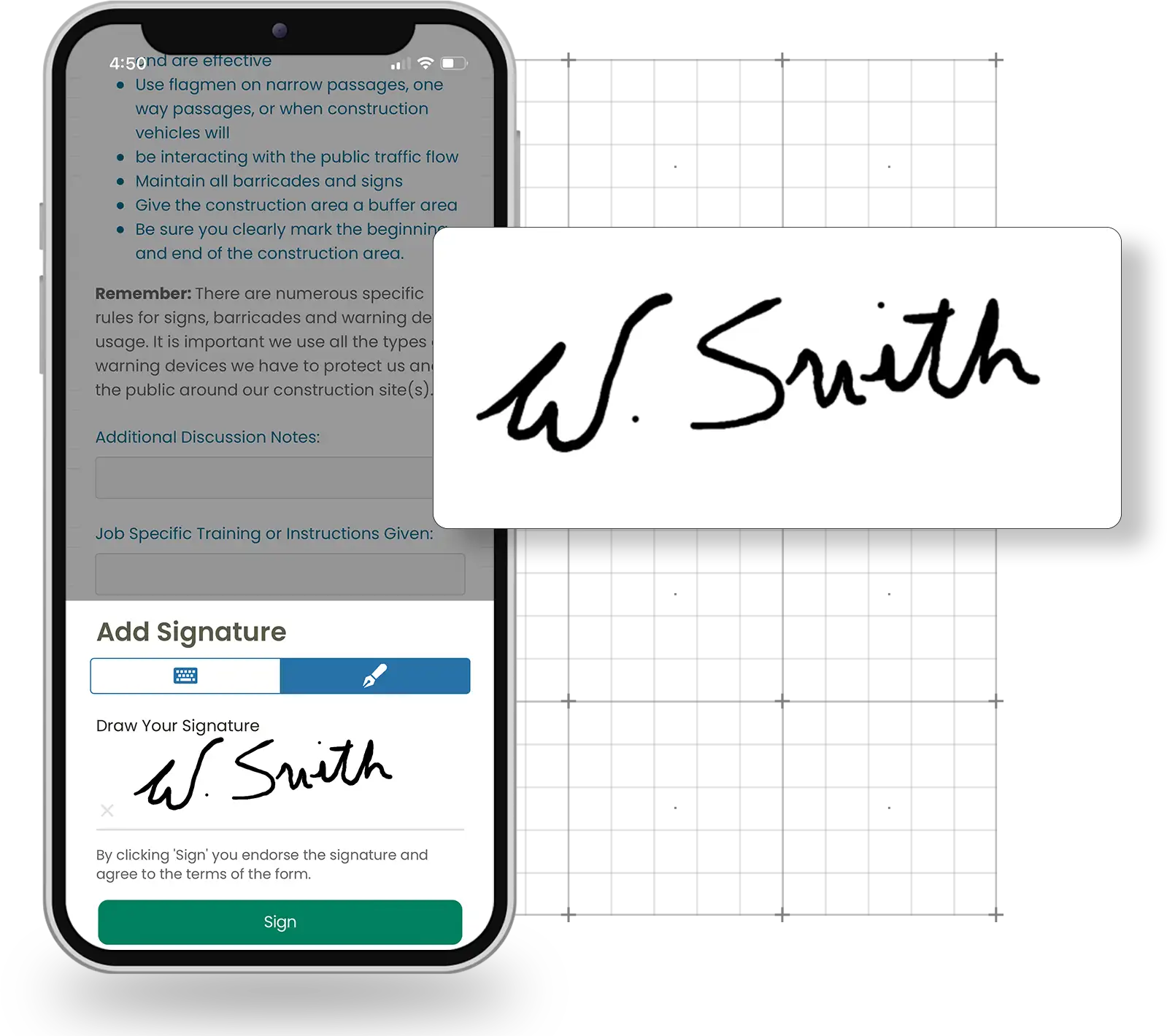 Showing the signatures feature in the Corfix construction document management mobile app