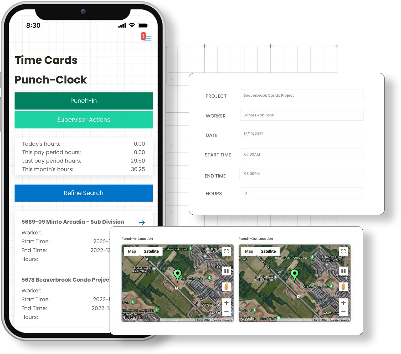 Showing the Punch Clock feature in the Corfix construction document management mobile app