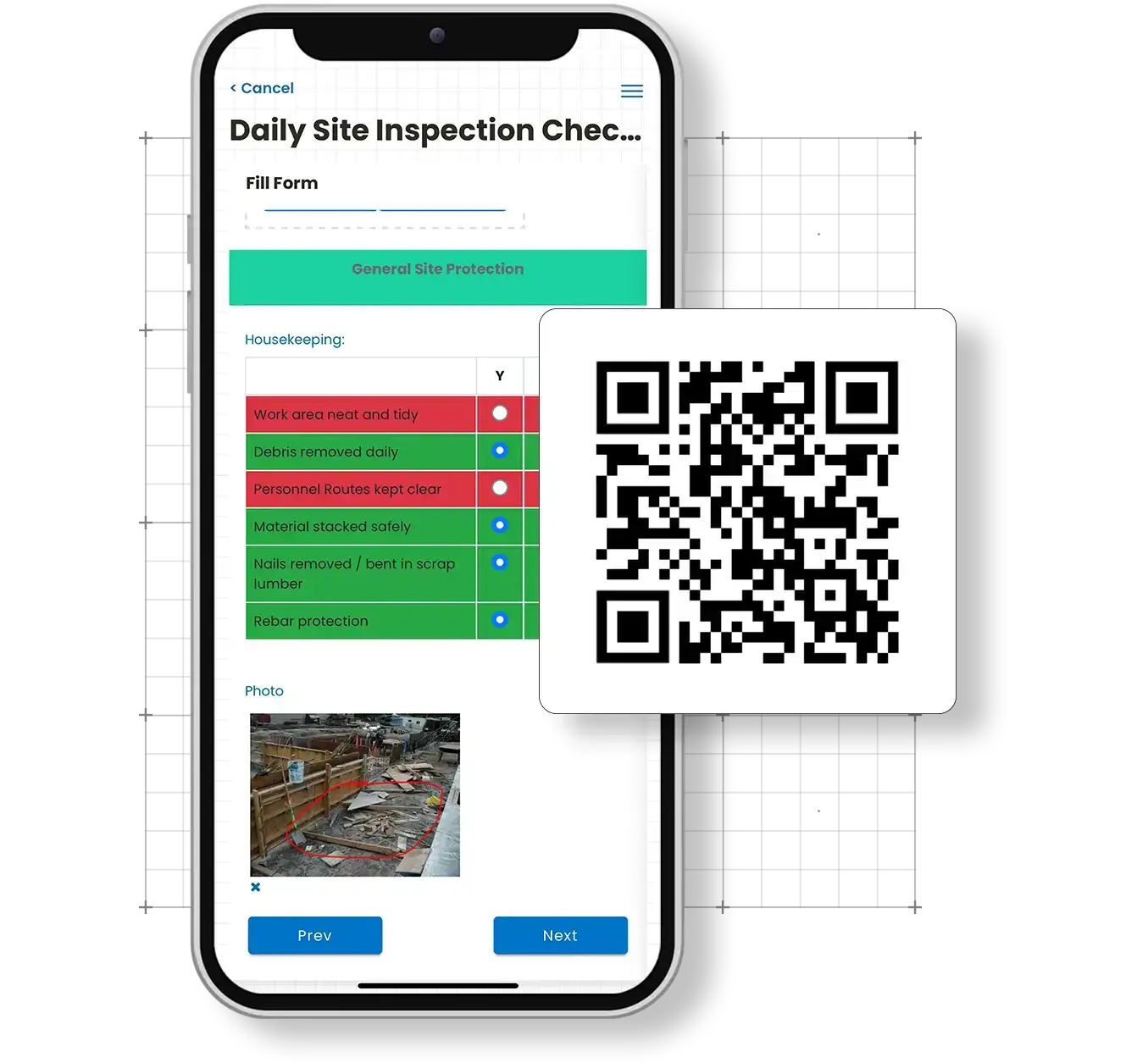 Showing the QR code feature in the Corfix construction document management mobile app