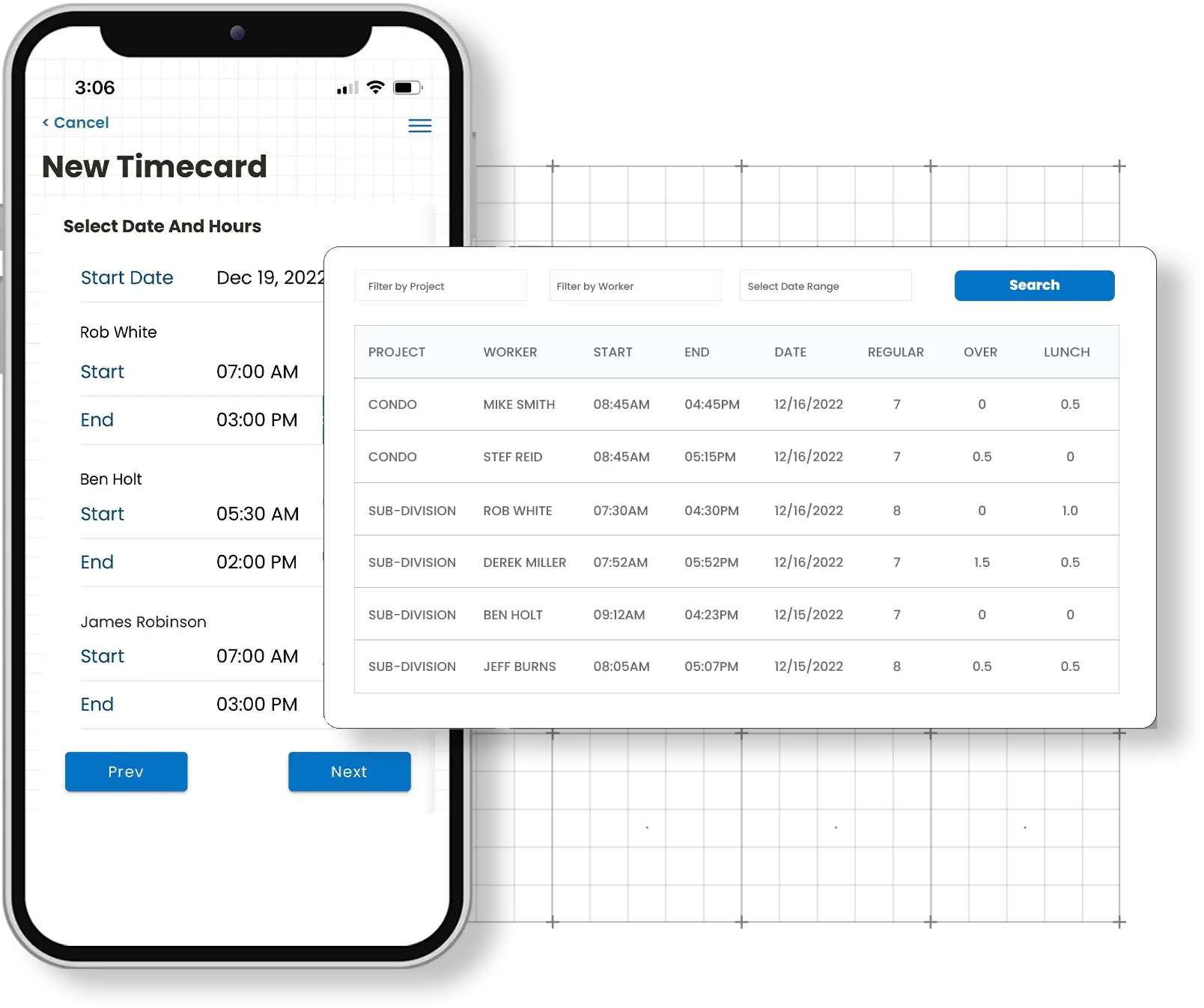 Showing the Timecards feature in the Corfix construction document management mobile app