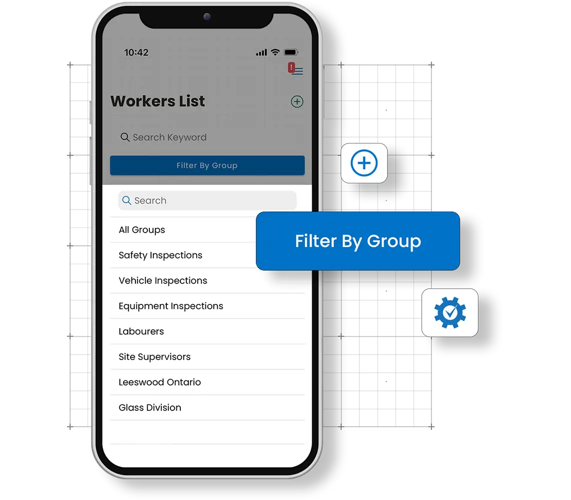 Showing the worker groups feature in the Corfix construction document management mobile app