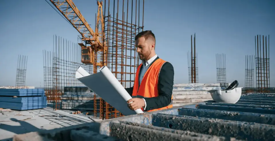 Reading the plan. Man is working on the construction site at daytime.