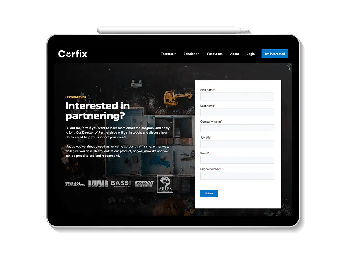 a tablet or ipad showing the Corfix website partner page