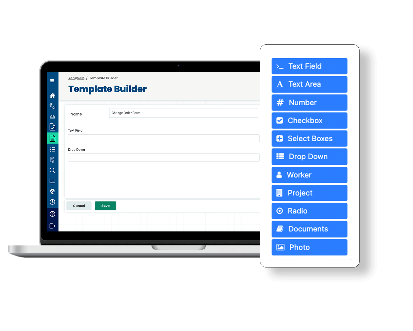 a laptop with the Corfix form template builder showing which options you can select when creating a new form