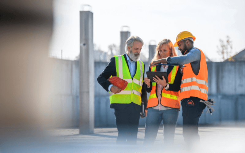 a group of safety inspectors reviewing digital construction safety documents.