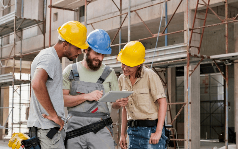 a group of construction workers looking at a tablet to review a digital construction document.