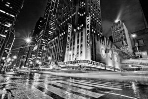 Radio City Music Hall in black and white from the street