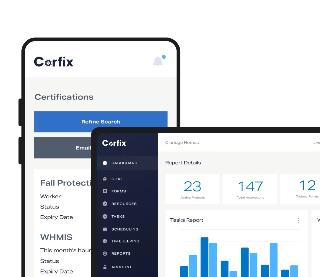 Corfix platform showing a worker certification tracker alongside a project dashboard with task and report summaries.