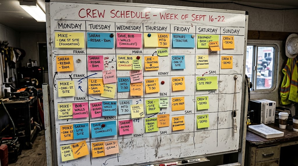 A messy whiteboard filled with colorful Post-it notes and handwritten notes displaying a chaotic weekly construction crew schedule inside a job site trailer.
