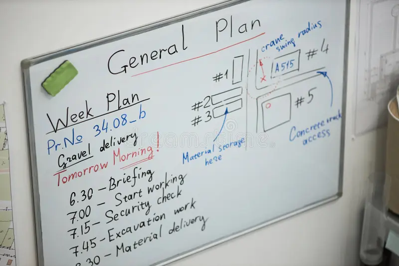 A chaotic looking whiteboard with a cosntruction project schedule hastily scribbled on it, full of arrows and clarifications.
